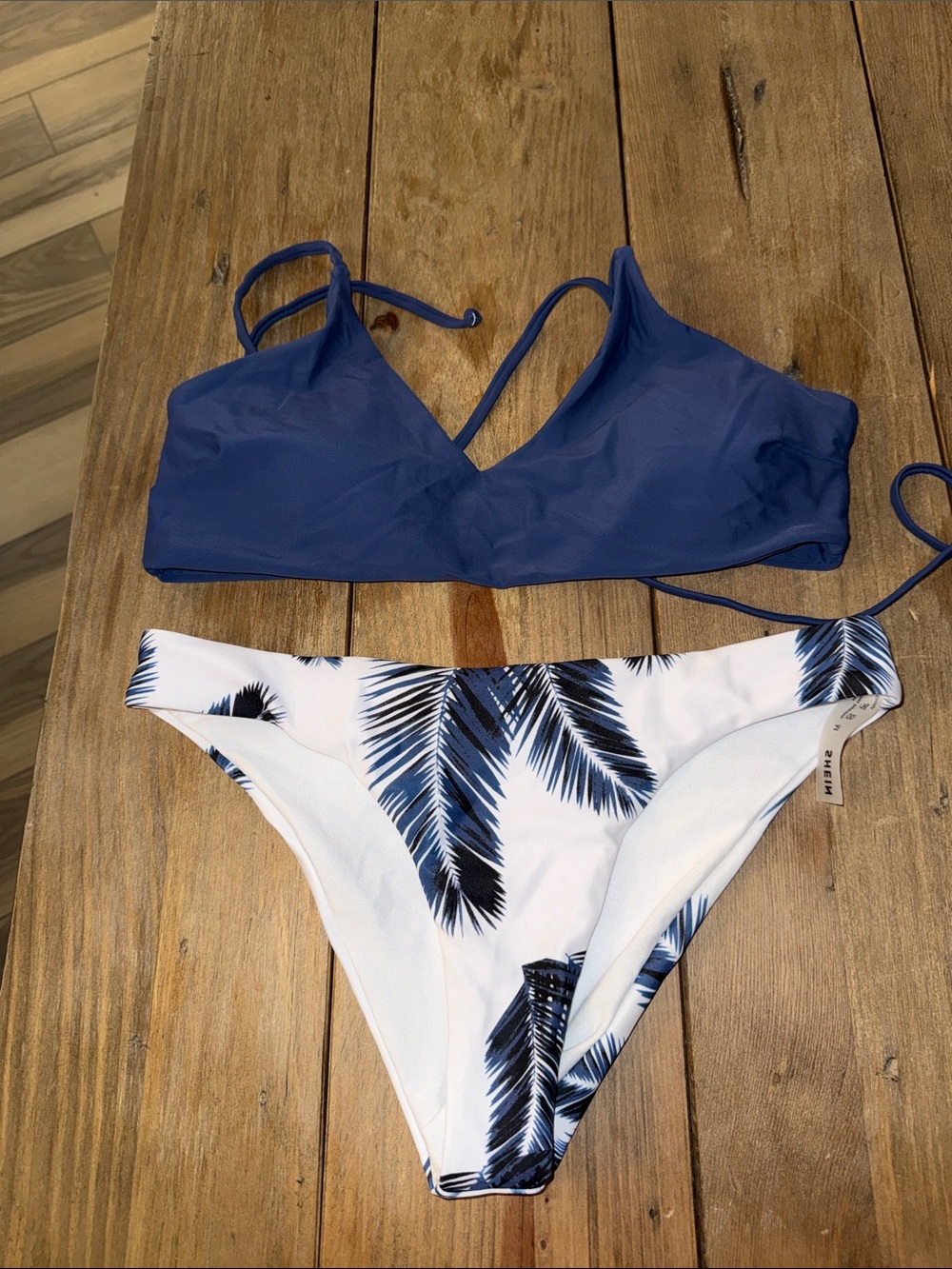 SHEIN Blue V-Neck Bikini Top with White Palm-Print Bottoms